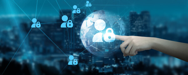 Hand touching global network connection on privacy signifies navigating a futuristic landscape where safeguarding personal autonomy amidst technological advancement is paramount.