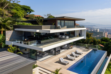 Fototapeta premium Modern contemporary illuminated house design exterior. Luxurious new construction home with panoramic windows, pool, patio