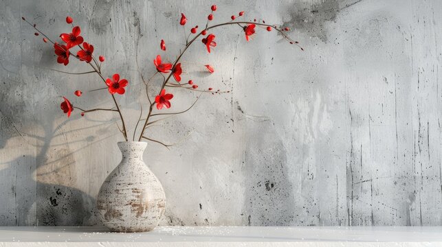 Capture the essence of holidays with a charming image featuring a dainty bouquet of red flowers nestled in a vintage vase atop a white table against a backdrop of a grey cement wall This st