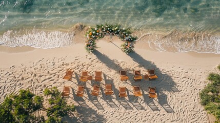 An aerial view of a beach wedding ceremony with chairs and flowers overlooking the water, surrounded by nature and plantfilled landscape AIG50