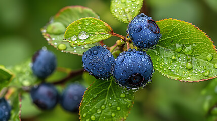 A close up of water drops on Leaves of a blueberry.