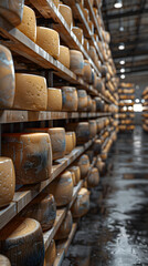 A warehouse storing mass produced Romano cheese on wooden shelves
