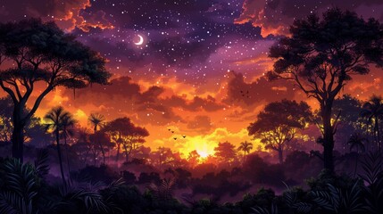 Obraz premium aurora view in night painting with artistic conception, fantasy illustration with night beatiful sky and milky way from garden with the moon background