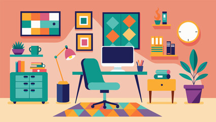 A quirky and colorful home office decorated with thrifted posters a thrifted funky chair and a secondhand geometric print rug.. Vector illustration