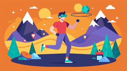 Fototapeta premium A virtual reality fitness app providing a fully immersive experience transporting the user to different scenic locations while they exercise.. Vector illustration