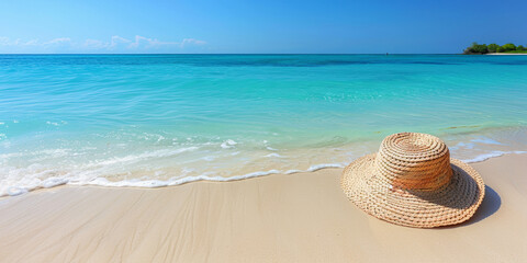 A straw hat is laying on the sand at the beach