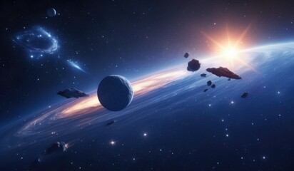 Naklejka premium galaxy space with rockets or ufo, spaceship and space, space station in space, shuttle and space, spaceship and earth, spaceship and planet, satellite in space