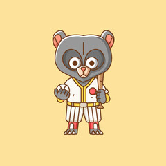 Cute bear Baseball player animal kawaii chibi character mascot illustration outline style design