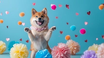 Enthusiastic Shiba Cheering in Playful Cheerleader Costume with Hearts and Stars