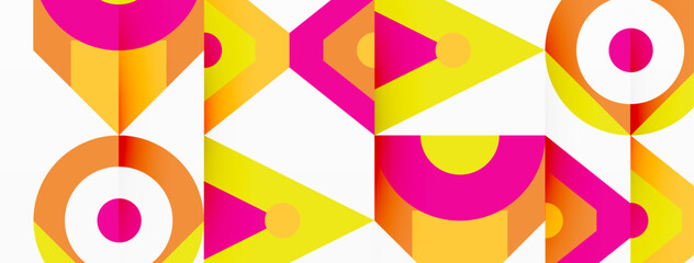 Obraz premium A vibrant geometric design featuring circles and triangles in magenta, creating a symmetrical pattern on a white background. A creative display of colorfulness and shapes in art