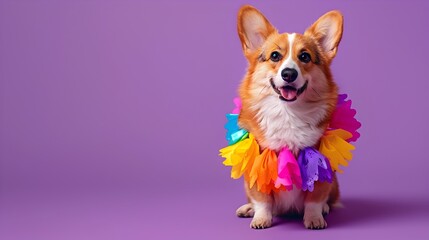 Cheerful Corgi Dressed in Colorful Cheerleader Outfit Against Vivid Violet Background