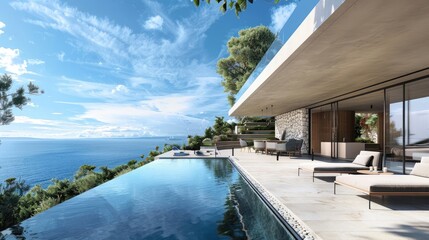Illustrate a 3D view of a modern house exterior, with a focus on the integration of design elements that harmonize with a scenic sea and a backdrop of a clear, blue sky.