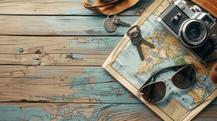 A camera, sunglasses, keys, and a map lay on a hardwood table, showcasing a beautiful wood grain pattern. The rectangle table is made of sturdy planks with a rich wooden font AIG50