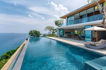 Fototapeta premium Modern contemporary illuminated house design exterior. Luxurious new construction home with panoramic windows, pool, patio