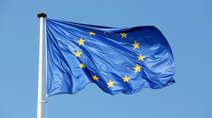 An illustration of the European flag, featuring a single plain blue color with twelve gold stars arranged in a circle on a plain background resembling a blue sky. The flag's design is minimalist 