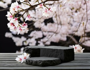 3D product background. 3d display rustic black timber, stone podium and cherry blossoms background...