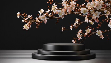 Abstract 3D background. 3D podium and cherry blossom with black background for cosmetic, perfume, product presentation. 3D illustration.