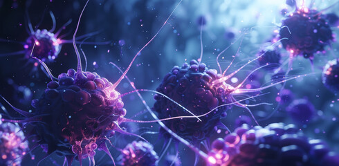 3d render of multiple cancer cells being passed by an isolated cell in the background, dark blue...