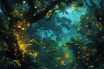 Fantasy forest with palm trees and neon lights. 3d rendering