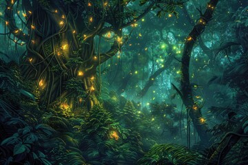 Fantasy forest with palm trees and neon lights. 3d rendering