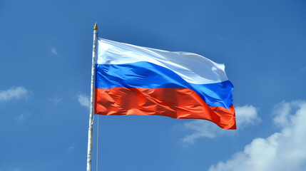An illustration of the Russian flag fluttering against a clear blue sky. The flag consists of three horizontal stripes: white on the top, blue in the middle, and red on the bottom. Its movement 
