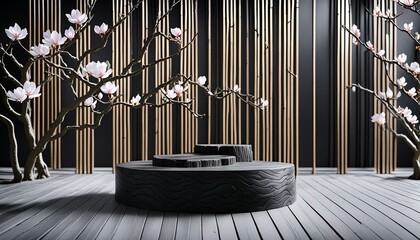 3d product background. 3d rustic black timber display for jewelry cosmetic, perfume and product presentation. 3d rendering illustration