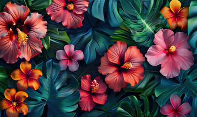 A richly colored wallpaper pattern with a variety of detailed flowers. Generate AI