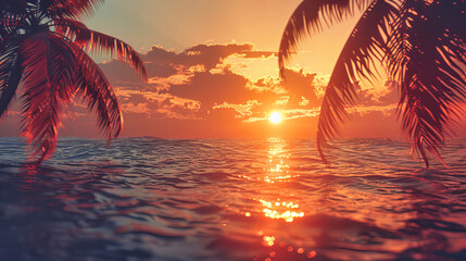 Sun Setting Over a Tropical Beach, Palm Silhouettes Against a Colorful Sky