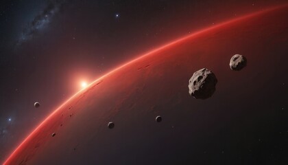 galaxy red space with meteorite, space objects, space red galaxy background