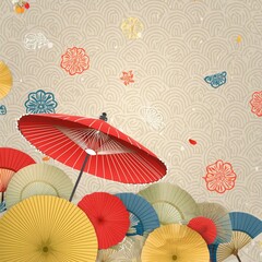 Obraz premium Modern Japanese template. Geometric background with umbrella and abstract elements. Chinese paper wallpaper. Natural luxury finish.