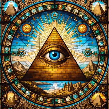 stained glass window with all seeing eye