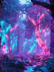Fototapeta na wymiar Captivating Neon Forest Dreamscape with Glowing Ethereal Lights and Vibrant Surreal Scenery