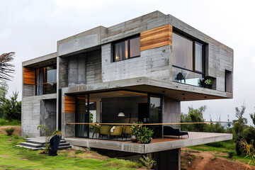 Modern contemporary illuminated house design exterior. Luxurious new construction home with panoramic windows, pool, patio