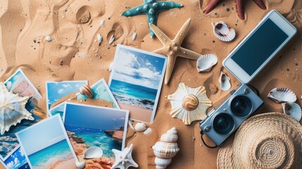On the beach, a hat, sunglasses, seashells, starfish, and photos are scattered on the sand. The aqua water creates a stunning landscape for leisure and fun events AIG50
