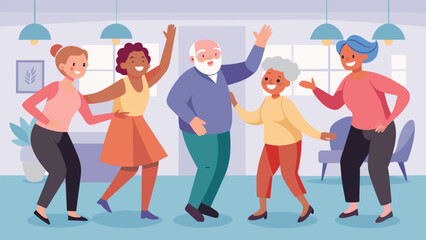 The room is filled with laughter and joy as the older adults follow the lead of their dance instructor learning new steps and routines.. Vector illustration