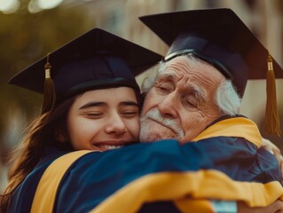 Fototapeta premium Emotional Graduation Moment as Student Embraces Beloved Professor After Completing Degree