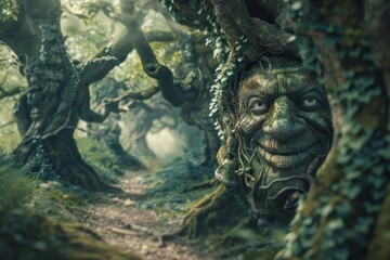 Fototapeta premium Enchanted Forest Whispers Secrets to Curious Travelers in Cinematic Photography