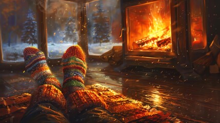 Cozy winter socks by a roaring fire, the epitome of warm comfort on a chilly evening