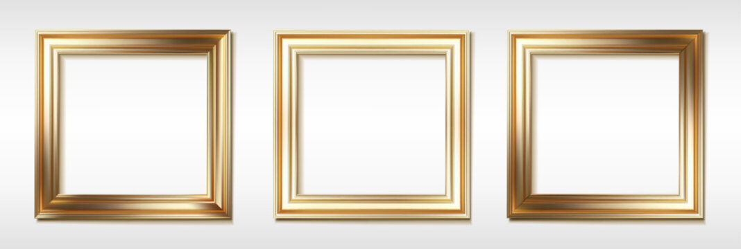 3d realistic vector icon illustration. Set of golden square picture frames. Isolated on white background.