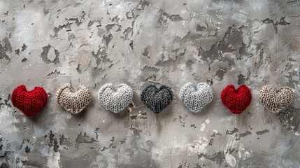 A line of gray and red knitted hearts set against a grungy gray backdrop sets the tone for Valentine s Day Captured from a top down perspective with ample space for creativity this banner e