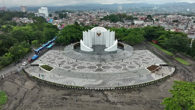 landscape view of the Perjuangan monument in downtown Bandung, West Java, Indonesia, (01-2024).