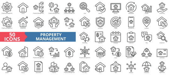 Property management icon collection set. Containing house, find, verified, monitor, renewable, growth, investment icon. Simple line vector.