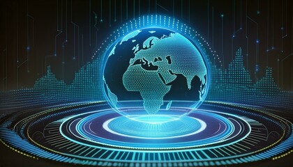 Globular earth made up of light dots on a dark background. Conceptual illustration for Earth Day. 3D sci-fi interface with holographic globe over dashboard. Holographic globe in technical computer