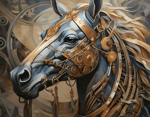 The subject of a modern painting is abstract with metal elements, texture background, animals,...