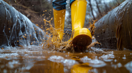 bright yellow rubber boots walking in a muddy ditch, Ai Generated Images