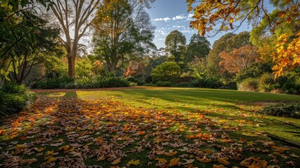 Vibrant hues of green yellow and orange blanket the autumn park in a stunning collection of beautiful colorful leaves