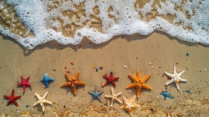 Celebrate American holidays with a scenic backdrop of starfish and colorful stars scattered on the sandy beach