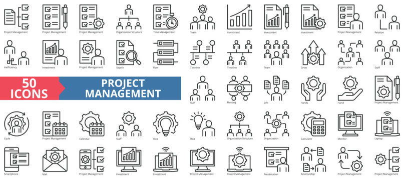 Project management collection set. Containing organization structure, time, team, investment, relation, inefficiency, investment icon. Simple line vector.