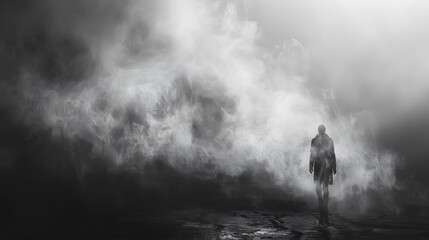 A brooding figure casting an elongated shadow comprised of dense fog and hazy forms