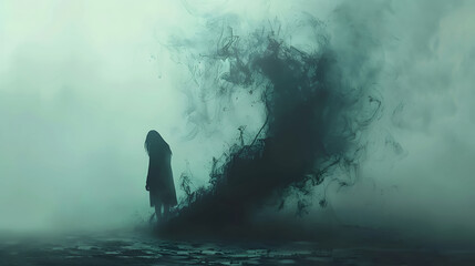 A brooding figure casting an elongated shadow comprised of dense fog and hazy forms